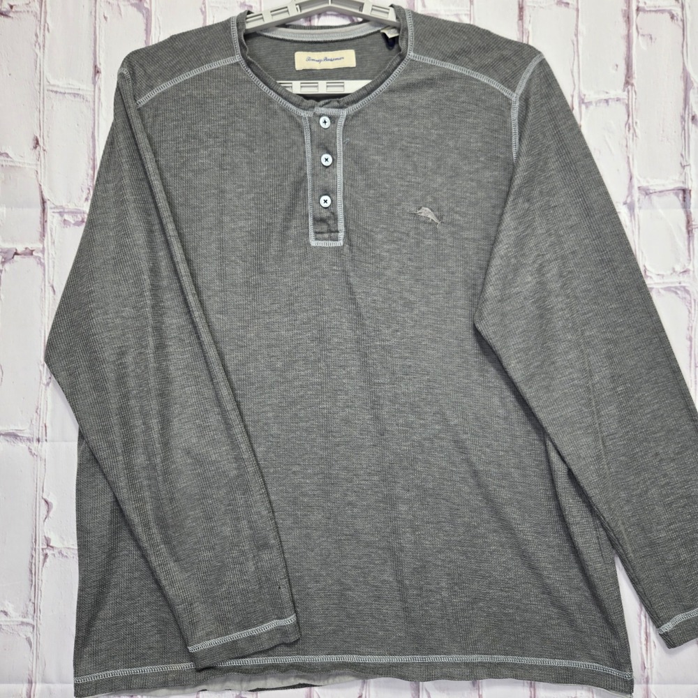 Tommy Bahama Henley Shirt Gray Waffle Knit Long Sleeve Cotton Blend Mens XL